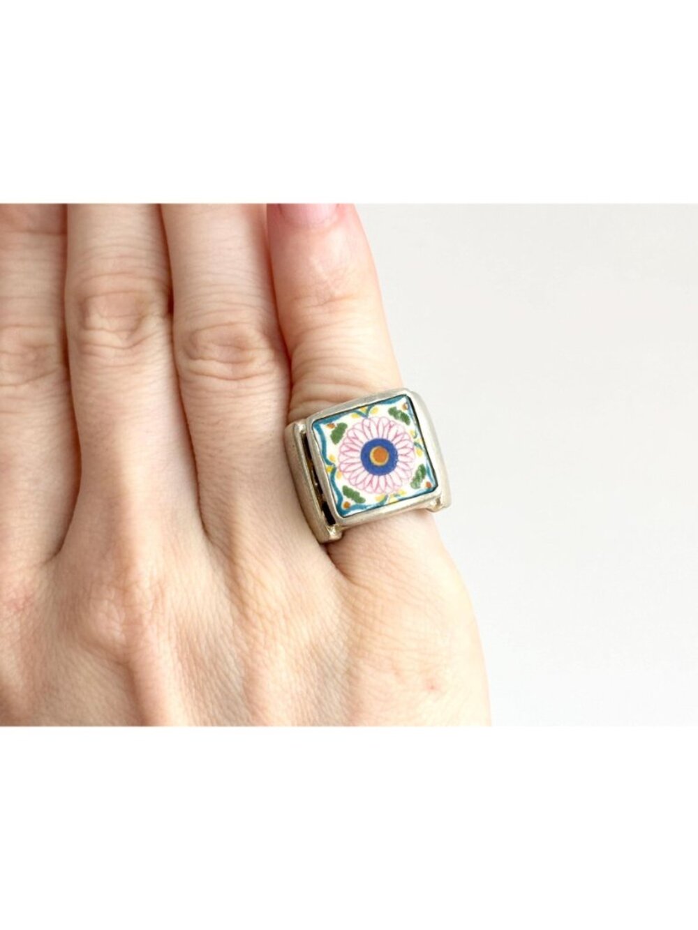 Porcelain Floral Painted Tilework Chunky Sterling Silver 925 Vintage Ring - sz 5 - Picture 15 of 16